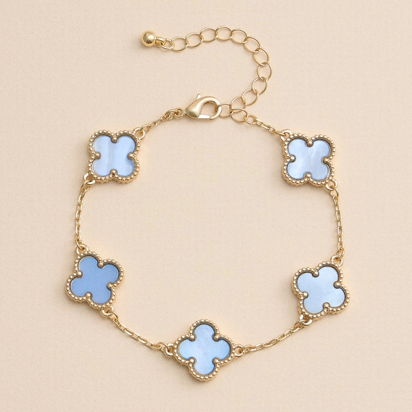 Blue & Gold Mother Of Pearl Clover Bracelet