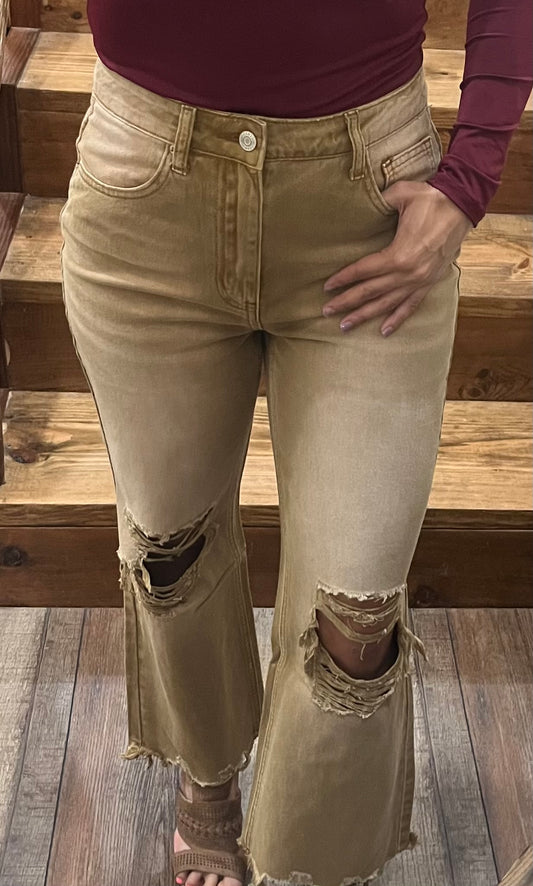 Hazen Distressed Cropped Jeans - Caramel